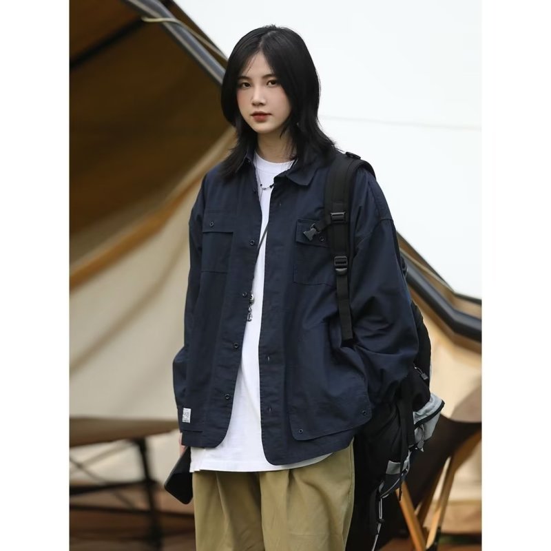 American heavy retro cotton shirt autumn and winter workers pocket shirt long -sleeved solid color loose casual jacket