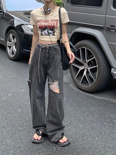 Sweet and pure desire, loose high waist, versatile jeans, street chain straight tube denim trousers tide