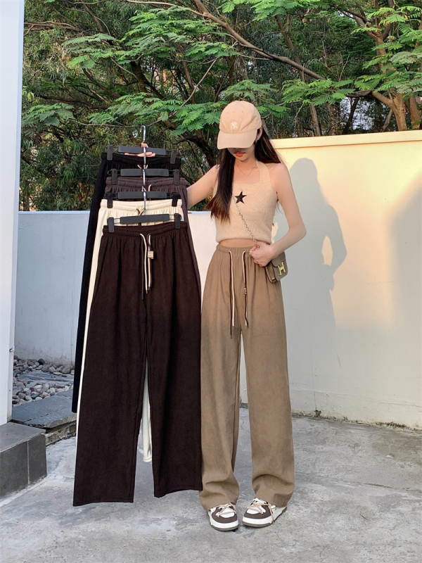 Milk tea color double drawstring loose wide-leg pants high waist droop floor pants new small casual pants