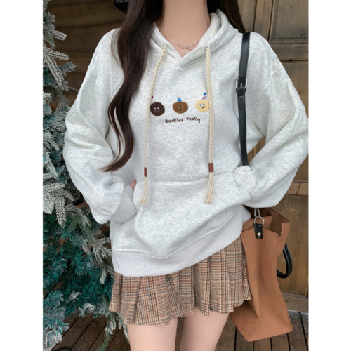 Hua Cotton Compound Gray Embroidery Plush Thickened Hooded Sweatshirt Women's Drawstring