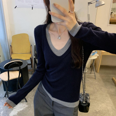 Picture of Korean color-blocking fake two-piece wool sweater for women in autumn and winter fashionable high-end and beautiful tops