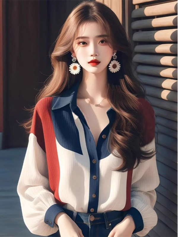 New women's frigid and high-end unique and super good-looking loose top contrasting lantern sleeve shirt
