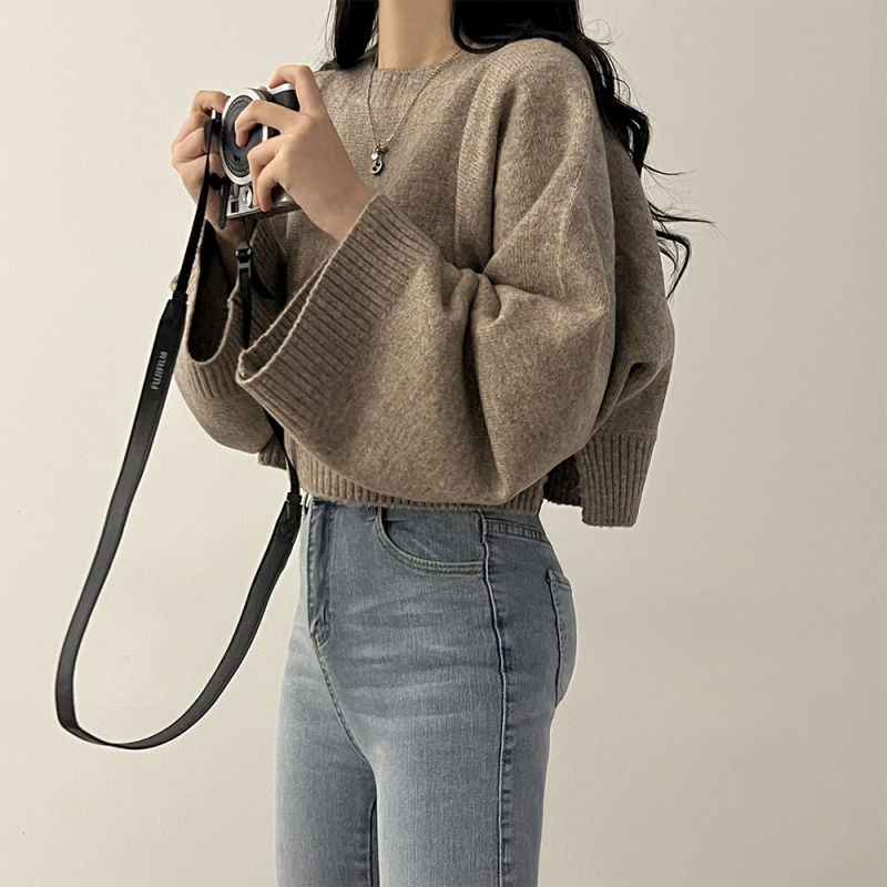 Korean chic lazy style sweater loose small short long-sleeved round neck pullover knitted sweater