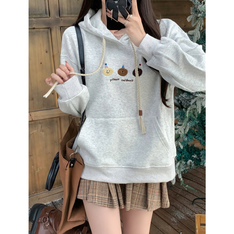Hua Cotton Compound Gray Embroidery Plush Thickened Hooded Sweatshirt Women's Drawstring