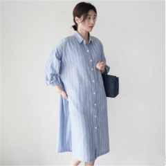 New striped shirt for women in spring and autumn, Korean style loose mid-length over-knee long-sleeved dress, versatile casual thin jacket