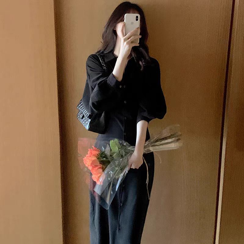 Temperature lapel single-breasted strap waist-hugging shirt skirt slim-fit over-knee long lantern-sleeved dress