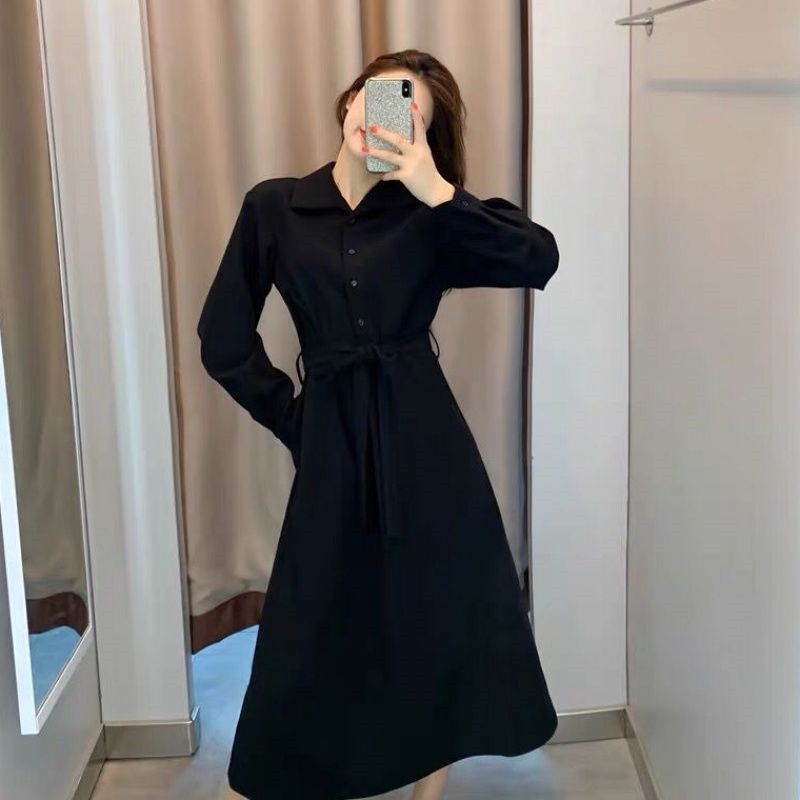 Commuting outfits high-end small person with long sleeves black dress for women