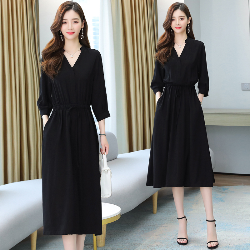 Chiffon black V-neck dress for women with waist slim and casual temperament to cover their belly French long skirt