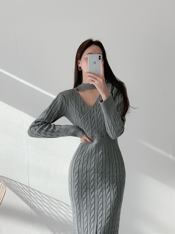 Korean chic personalized versatile round neck pattern front and back two-wear design carefully slit sweater dress