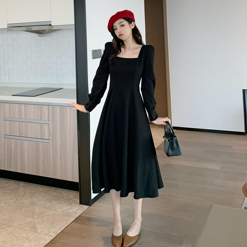Black dress square collar French retro Hepburn long skirt long sleeve black skirt