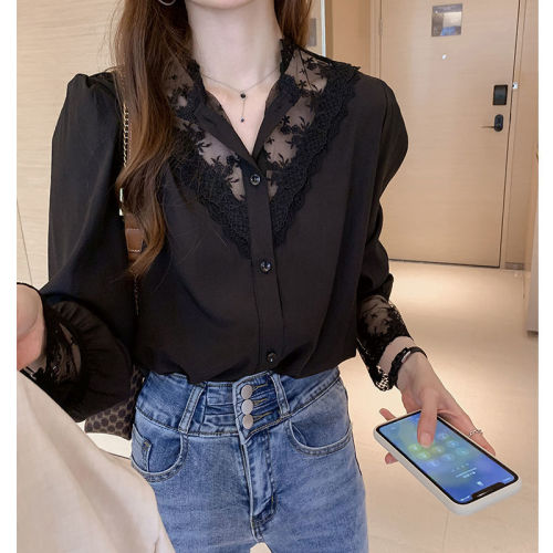 Lace base shirt for women in spring and autumn new design niche inner wear fashionable scheming top chiffon splicing shirt