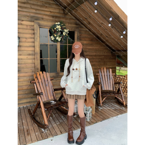 Hua Cotton Compound Gray Embroidery Plush Thickened Hooded Sweatshirt Women's Drawstring
