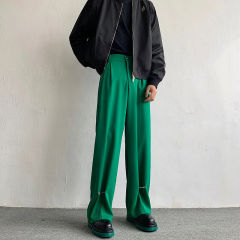 High-end green trousers men's straight and loose metal buckle design light-flaring wide-leg pants