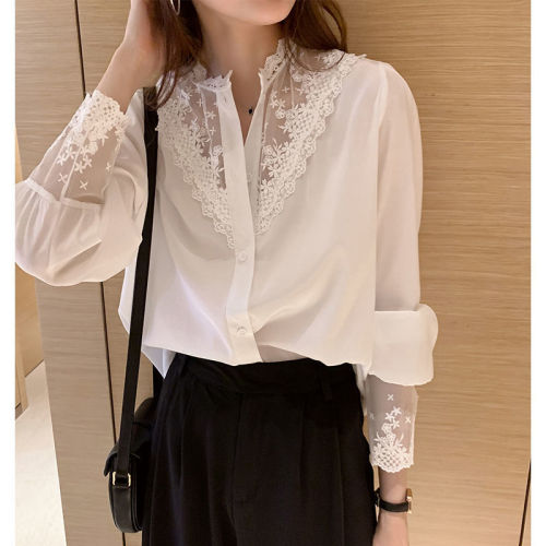 Lace base shirt for women in spring and autumn new design niche inner wear fashionable scheming top chiffon splicing shirt