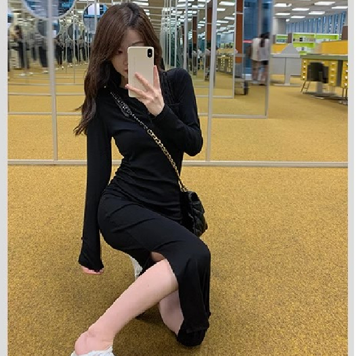 Small hooded v-neck knitted dress for women long sleeves slim hip-covered mid-length slit skirt