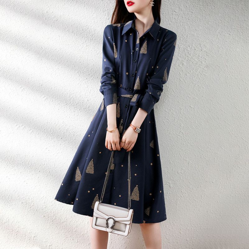 Classic versatile temperament, fashionable and stylish waist-hugging pattern printed new dress