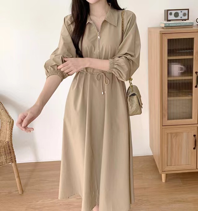 Korean chic French lapel design waist-hugging lace-up dress