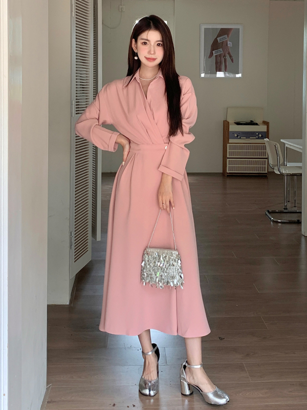 New French commuter waisted shirt collar long dress for spring