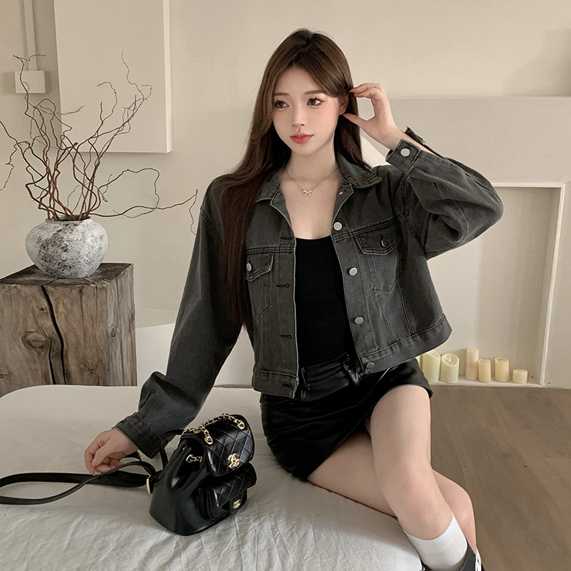 Denim jacket for women's new spring style gray slim short small casual top