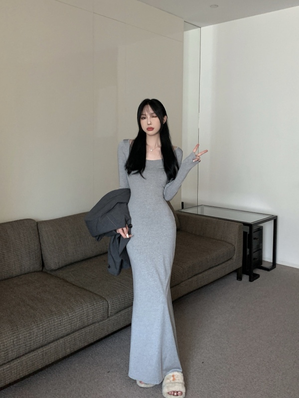 Casual long-sleeved base high waist slim suspender fishtail dress