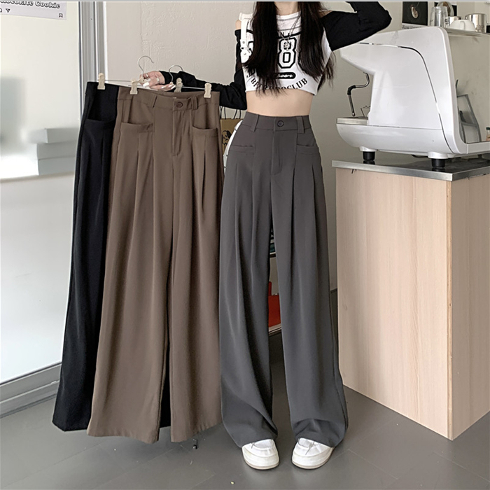Summer thin pants new popular gray droop suit pants high waist wide-leg casual pants for women