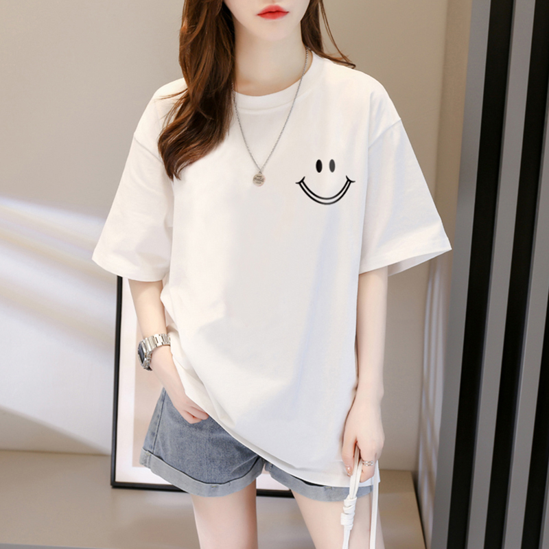 Back-collar pure cotton short-sleeved T-shirt for women's mid-length large size loose new summer top