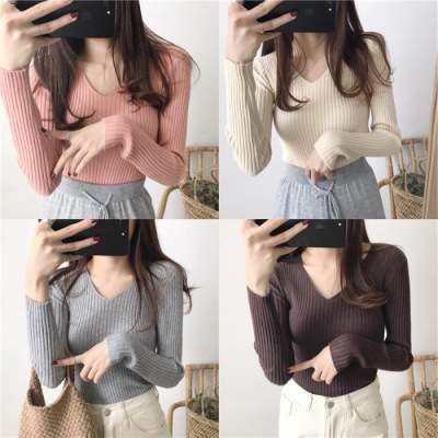 Autumn and winter V-neck knitted long-sleeved slim tight warm bottom shirt top trendy retro pullover slim sweater for women