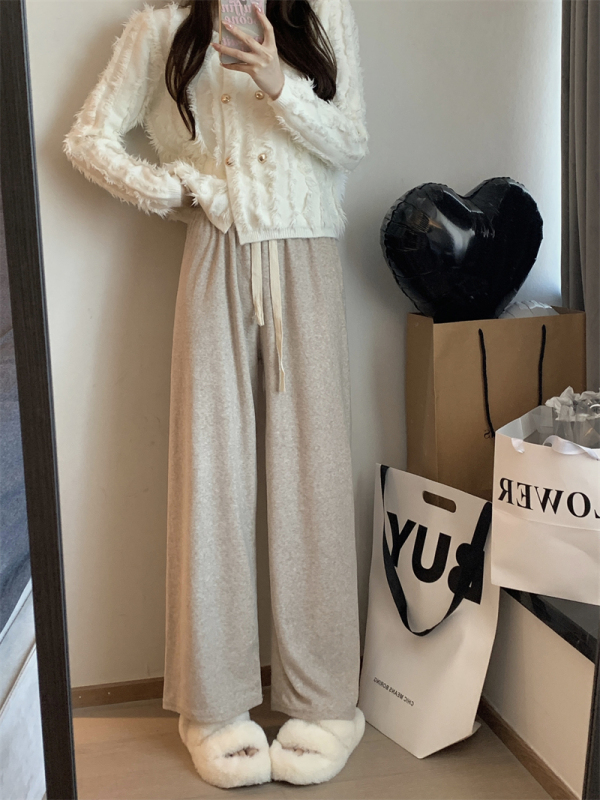 Towel pants elastic waist drawstring soft loose draping feeling straight pants wide legs soft glutinous versatile trousers women