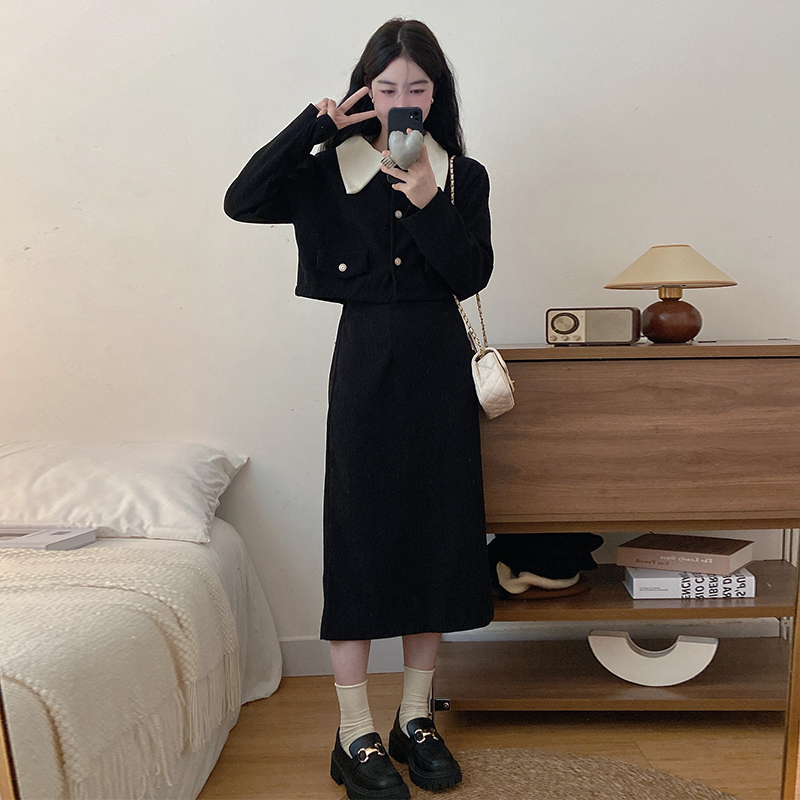 Corduroy plus velvet large size small fragrance lapel jacket + high-waisted skirt for women