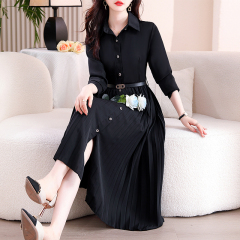 Single-layer impermeable belt shirt pleated skirt dress long-sleeved slim belt waist-hugging dress