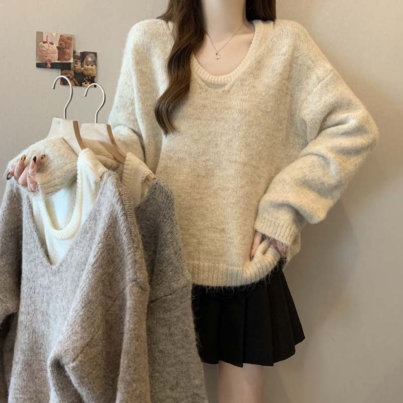 New fall and winter style rotator sleeve versatile knit sweater set for women's large size loose casual two-piece set