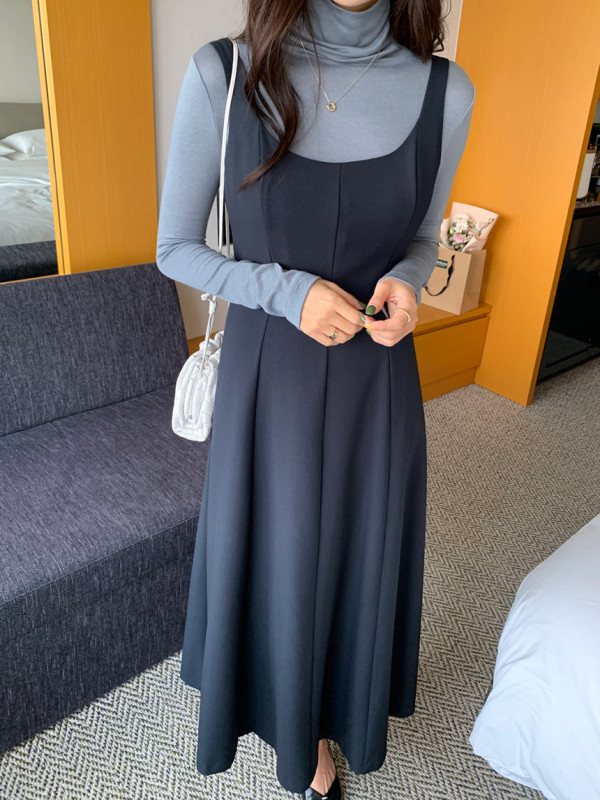 Temperament square collar waist-closed long strap dress