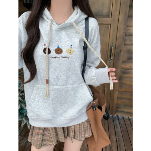 Hua Cotton Compound Gray Embroidery Plush Thickened Hooded Sweatshirt Women's Drawstring