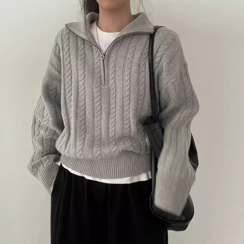 Korean chic autumn and winter thick knitted top for women retro twist half zipper lazy versatile short sweater jacket