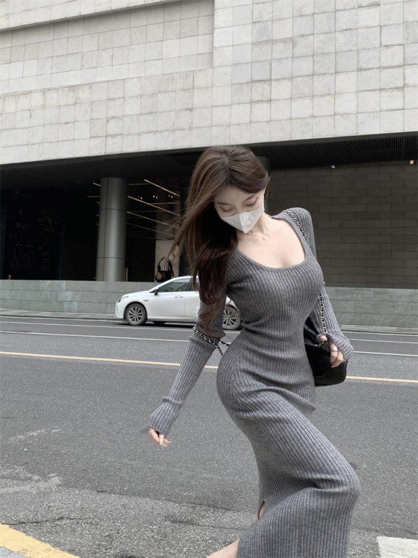 French square neck temperament knitted base dress