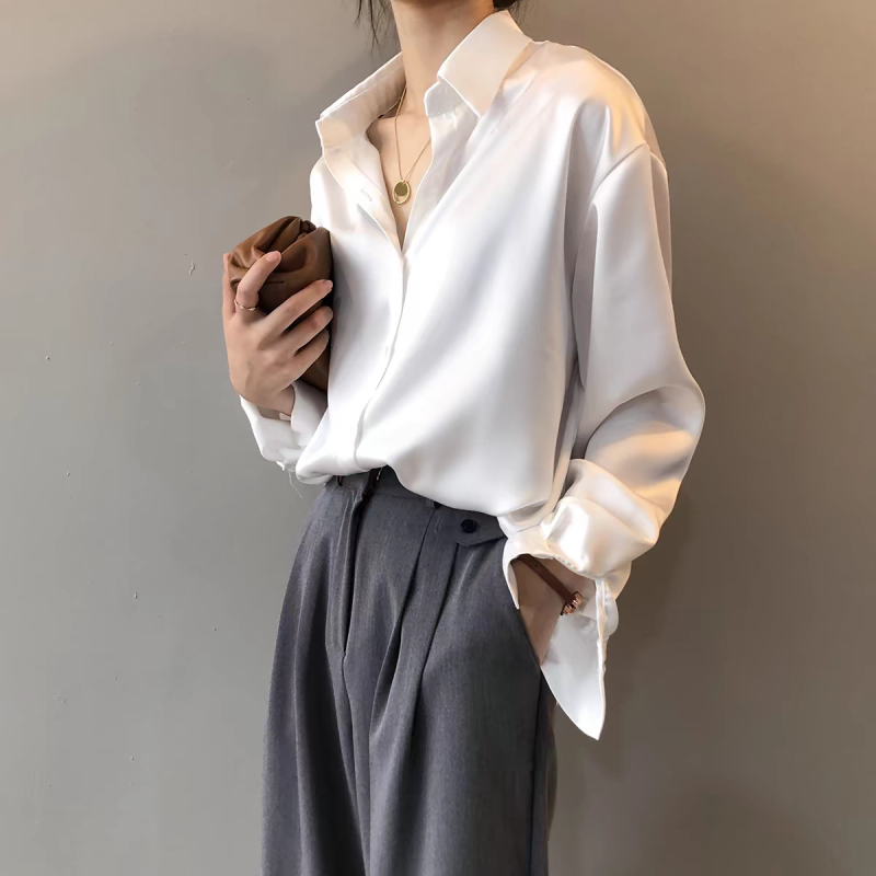 New Korean style shirt spring white style solid color style loose long-sleeved lapel shirt for women