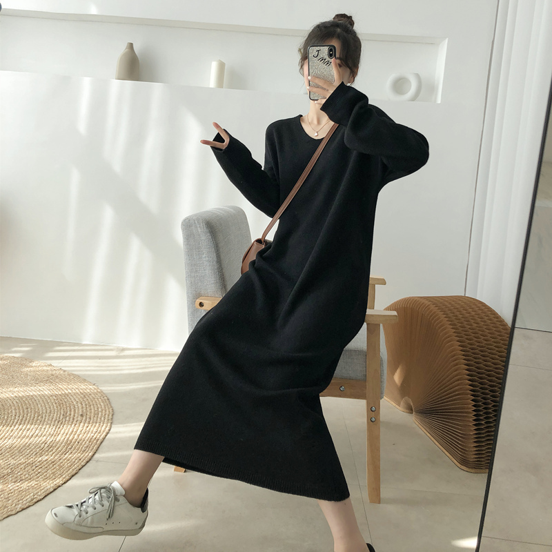 Temperament mid-length over-knee knitted dress for women V-neck large-size loose sweater dress