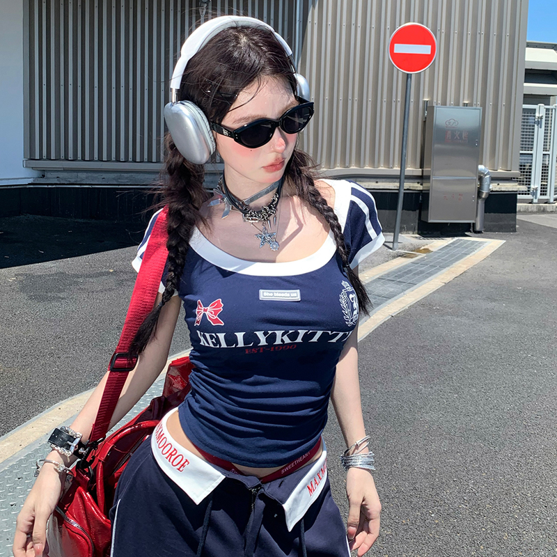 New American sports short-sleeved women's summer retro T-shirt hot girl slim fit short-sleeved top