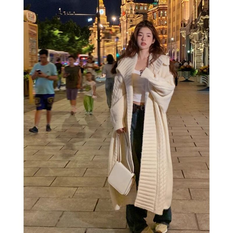 Gray home soft glutinous sweater knitted jacket for women in autumn and winter thickened new loose temperament medium-length cardigan