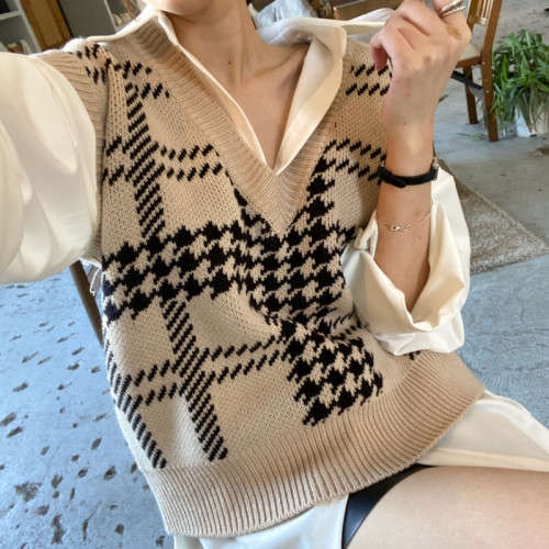 Korean chic autumn new style ghost horse girl V-neck pullover top straight slim sleeveless vest vest vest for women