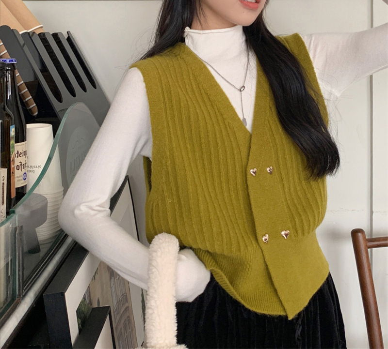 Horse clip spring and autumn women's double-breasted V-neck vertical striped sleeveless knitted vest V-neck cardigan top vest