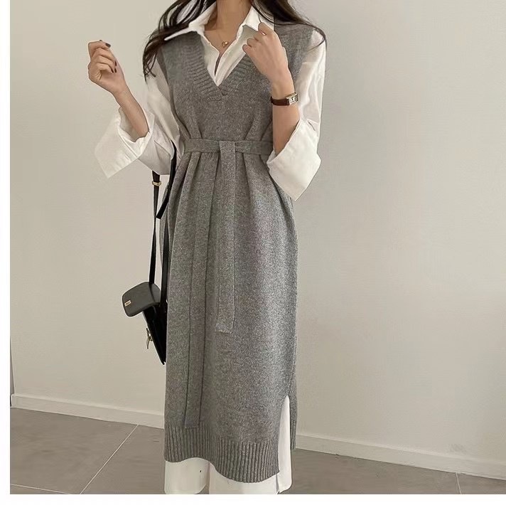 Korean new lazy style sleeveless vest vest vest vest mid-length sweater with belt