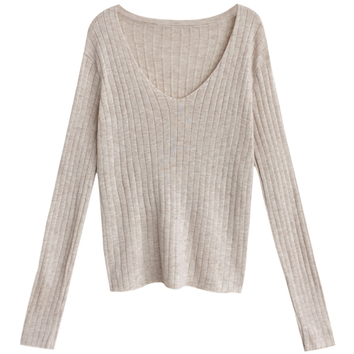 Lazy style long-sleeved autumn clothes for women wearing loose pullover v-neck spring and autumn T-shirt knitted Korean style versatile top