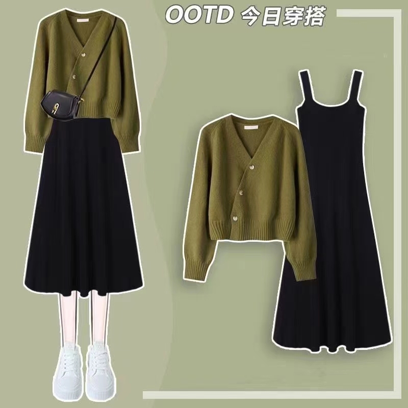 Lazy sweater cardigan jacket for autumn and winter new college style dress fashion two-piece set