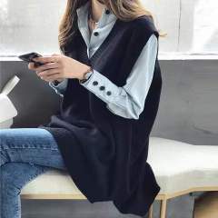 V-neck mid-length vest shirt sweater two-piece set for women's Korean style loose knitted vest college style shirt