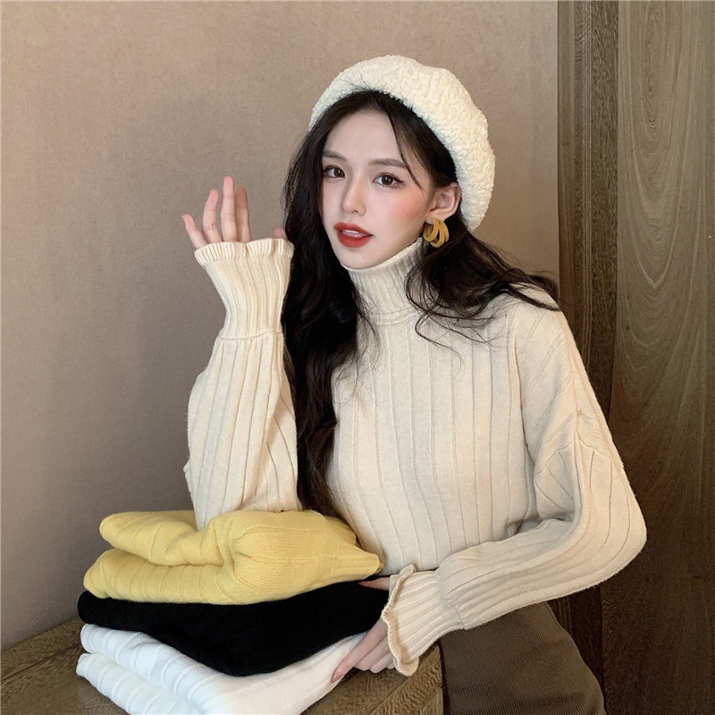 Versatile retro turtleneck lace puff sleeve base knit sweater pit strip sweater