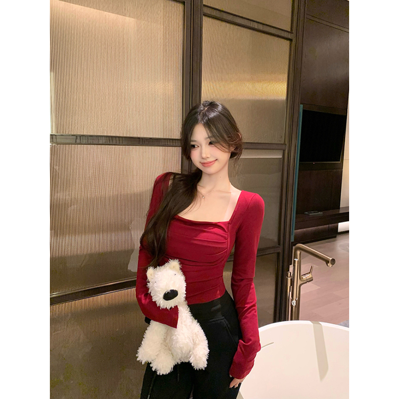 Chest pad pleated inner slim pullover base shirt with long sleeve T-shirt