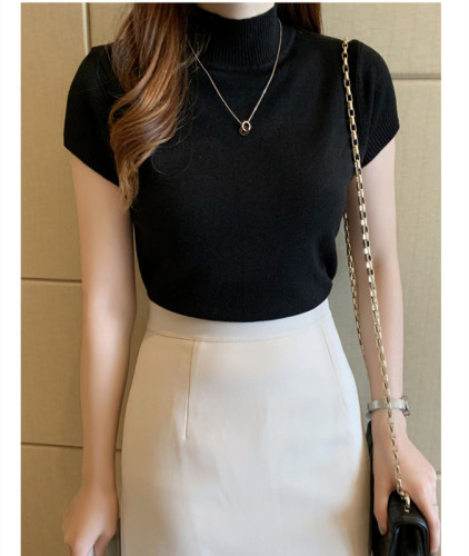 New spring clothing half turtleneck base shirt for women short-sleeved sweater underwear tight sweater vest short top
