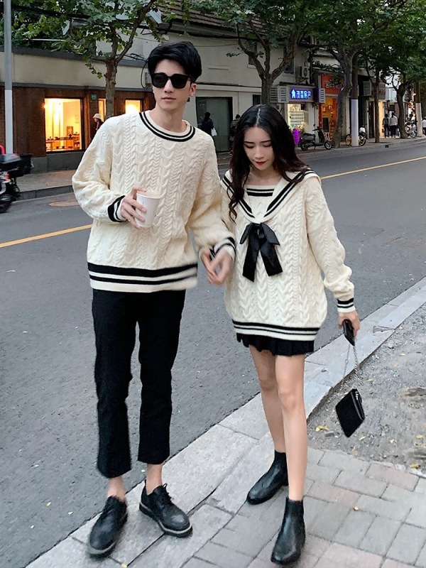 Couple outfit autumn new style retro bow knit top college style navy neck sweater women