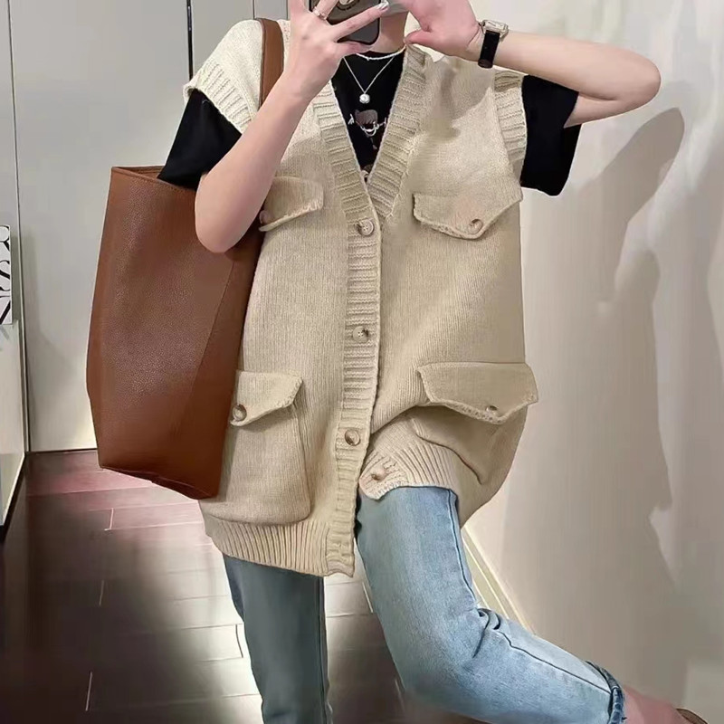 New loose V-neck cardigan sleeveless layered fashionable vest jacket for women in spring and autumn